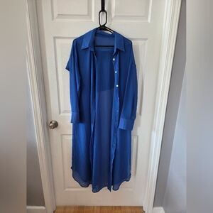 Blue Sheer Button-Up Long Shirt Dress With Shorts